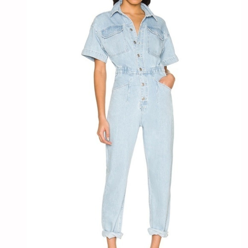 Free People Light Wash Denim Short-Sleeve Jumpsuit